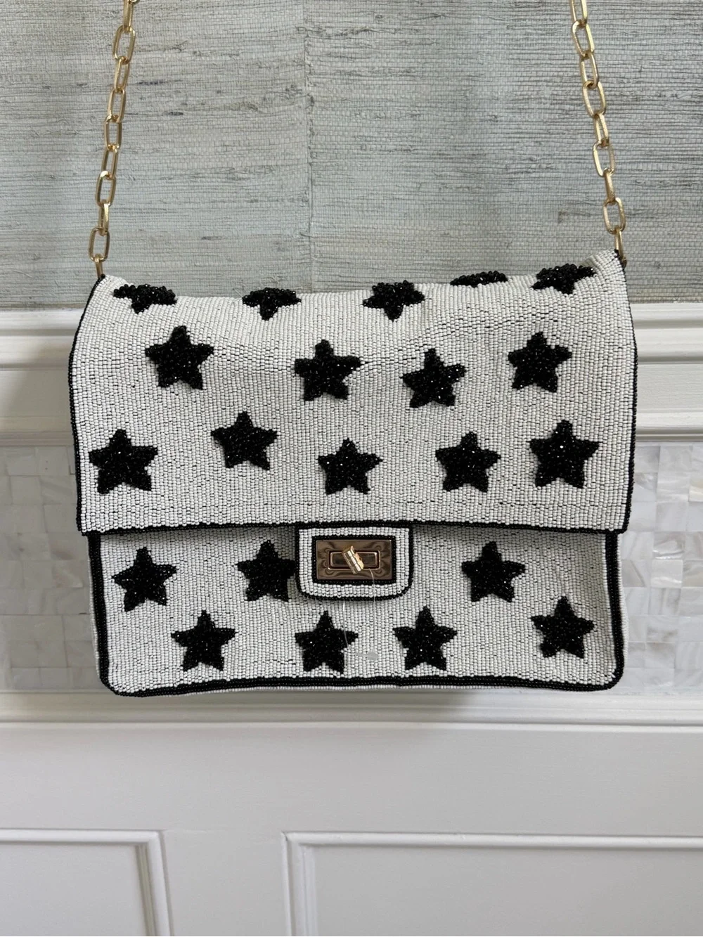 New Anthropologie oversized Maeve Beaded shoulder bag black stars white chain